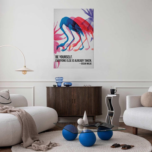 Poster - Colorful Repetition - three flamingo silhouettes with an inspiring quote Artgeist