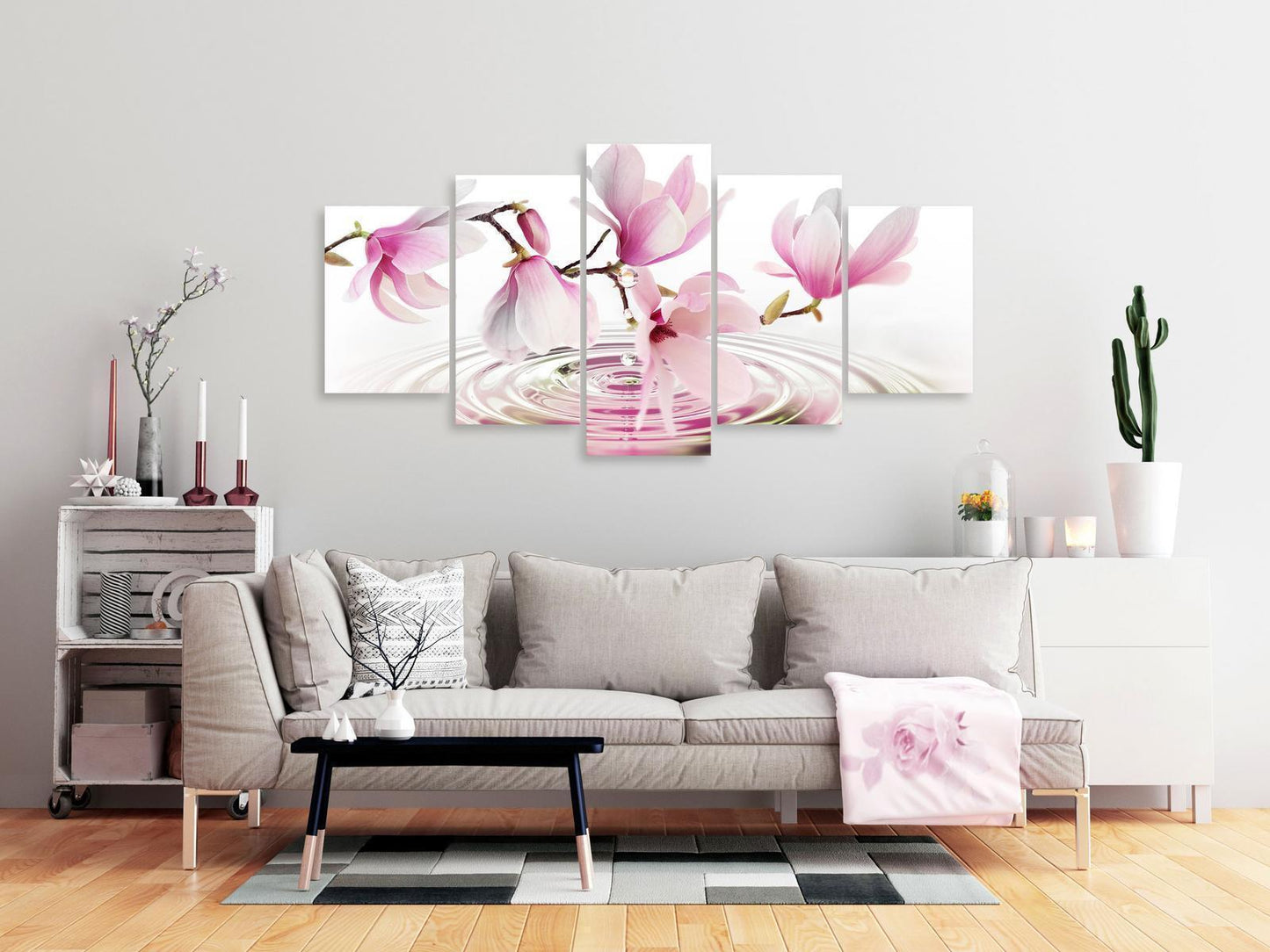 Leinwandbild - Magnolien in Rosa über Wasser (5-teiliges Wandbild)