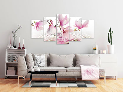Leinwandbild - Magnolien in Rosa über Wasser (5-teiliges Wandbild)
