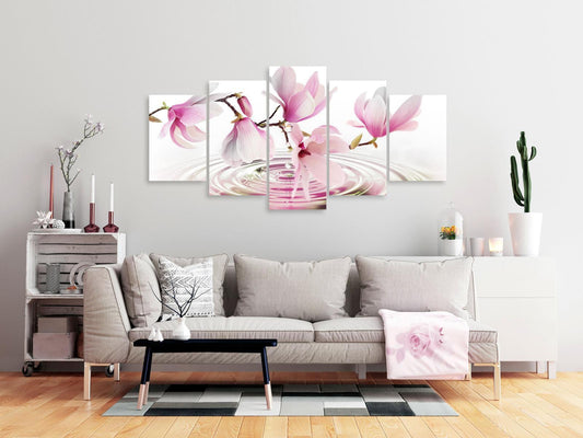 Leinwandbild - Magnolien in Rosa über Wasser (5-teiliges Wandbild)