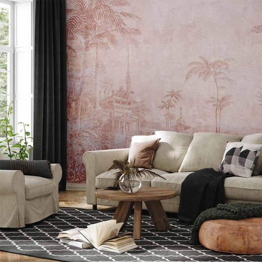 Fototapete - Landscape with temple - engraving of Indian architecture with palm trees