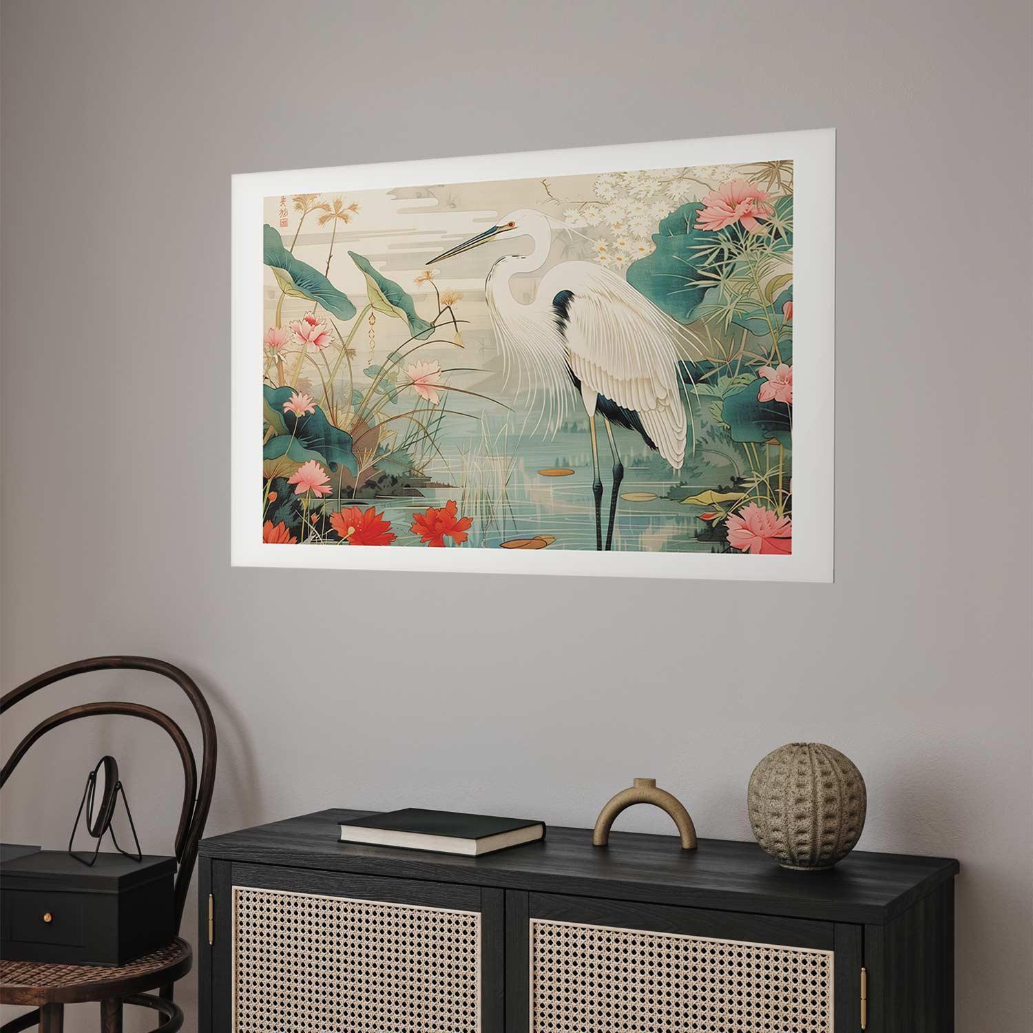 Poster - Over the Asian Pond - illustration in the Japanese print style featuring a heron Artgeist