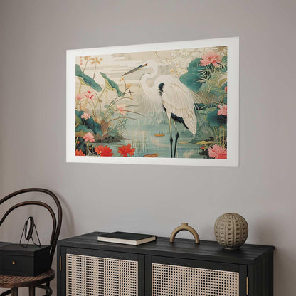 Poster - Over the Asian Pond - illustration in the Japanese print style featuring a heron Artgeist