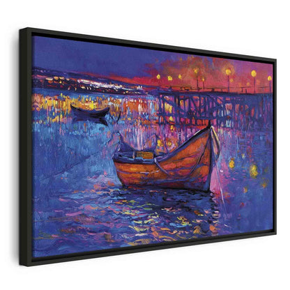 Leinwandbild - Modern impressionism - night landscape of a lake with a floating boat