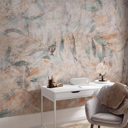 Fototapete - Greek laurels - faded composition with leaves on a beige patterned background