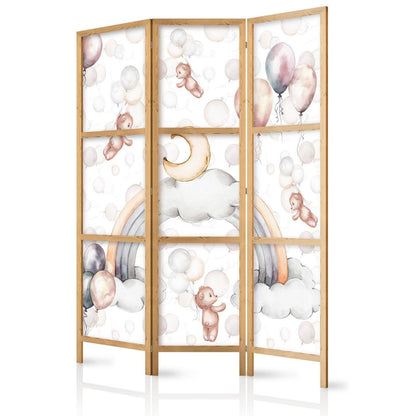Japanischer Paravent - Plush Bears with Balloons - Flying Light-Brown Bears Among Balloons - Clouds - and Rainbows in Subdued - Pastel Colors Artgeist