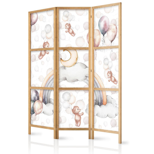 Japanischer Paravent - Plush Bears with Balloons - Flying Light-Brown Bears Among Balloons - Clouds - and Rainbows in Subdued - Pastel Colors Artgeist