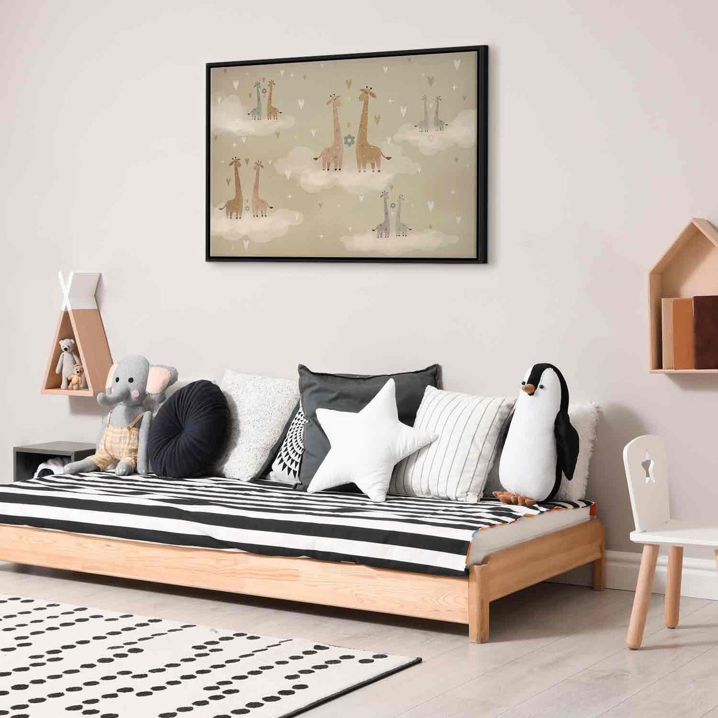 Leinwandbild - Love - Colorful Giraffes Floating on Clouds Among Hearts and Stars