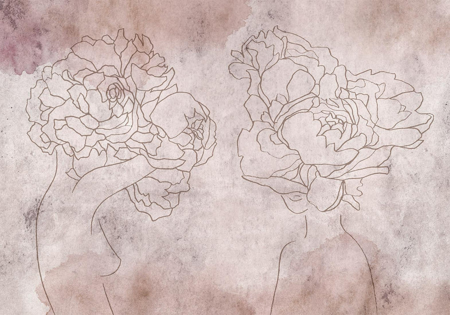 Fototapete - Floristic abstraction - lineart style silhouettes of people with flowers Artgeist