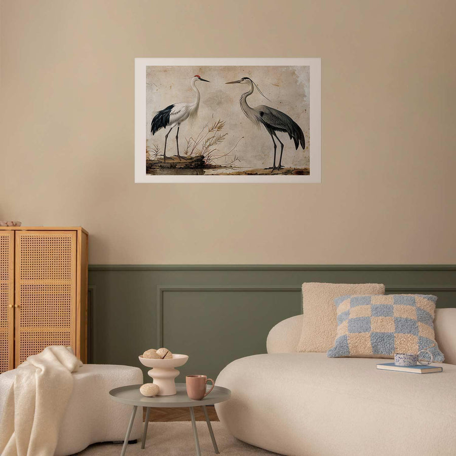 Poster - Birds from an Old Engraving - vintage-style illustration of a heron and a crane Artgeist