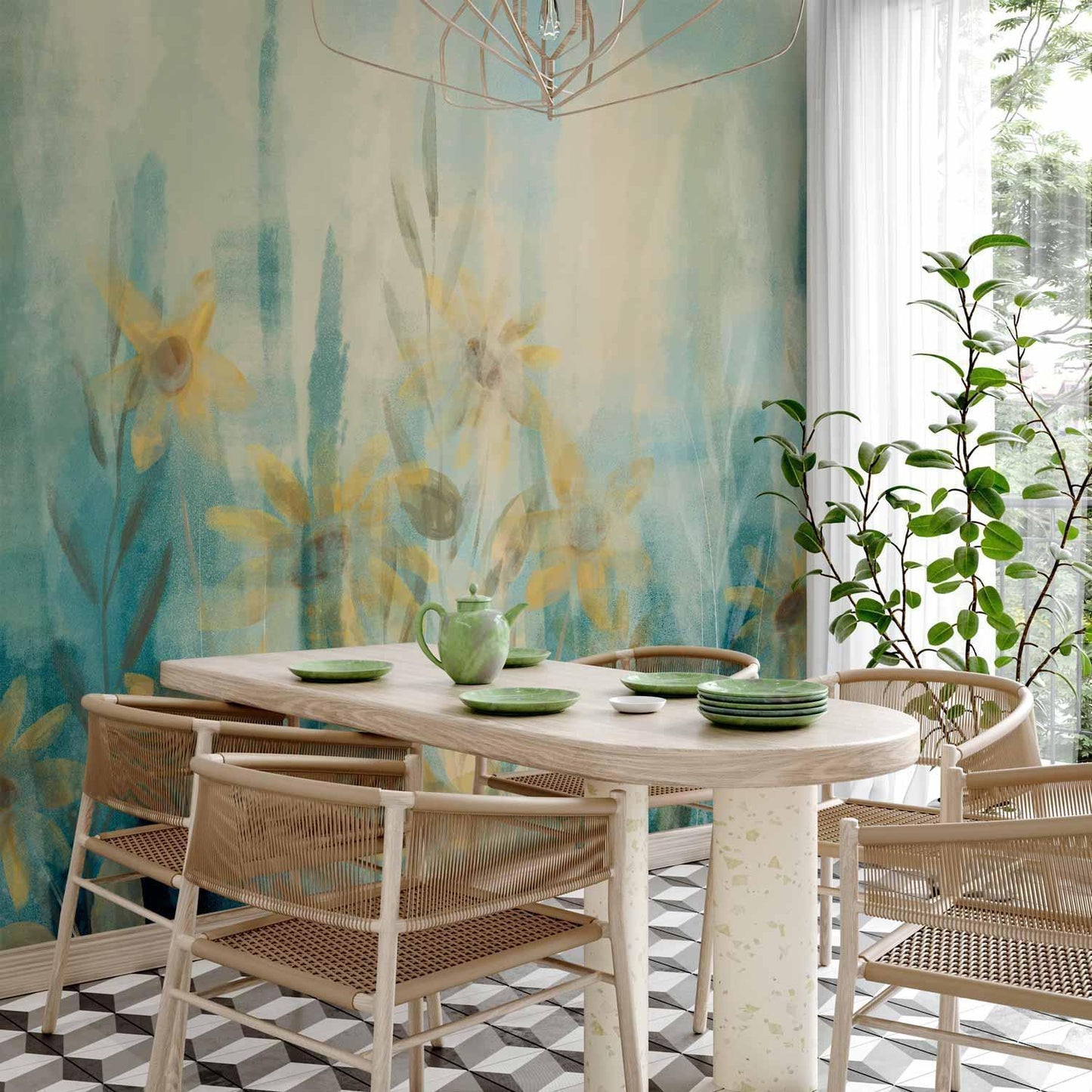 Fototapete - A touch of summer - floral motif with a meadow of flowers in blue tones