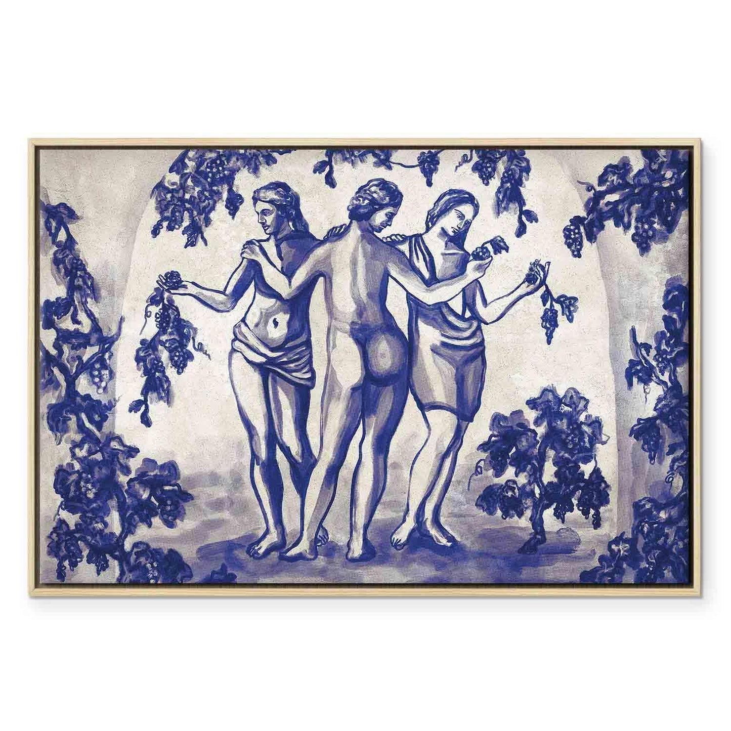Leinwandbild - Ancient vineyard - three women in a portal painted with blue ink