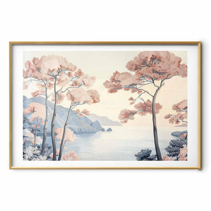 Poster - Ocean Cliffs and Trees Delicate Motif in Pastel Colors
