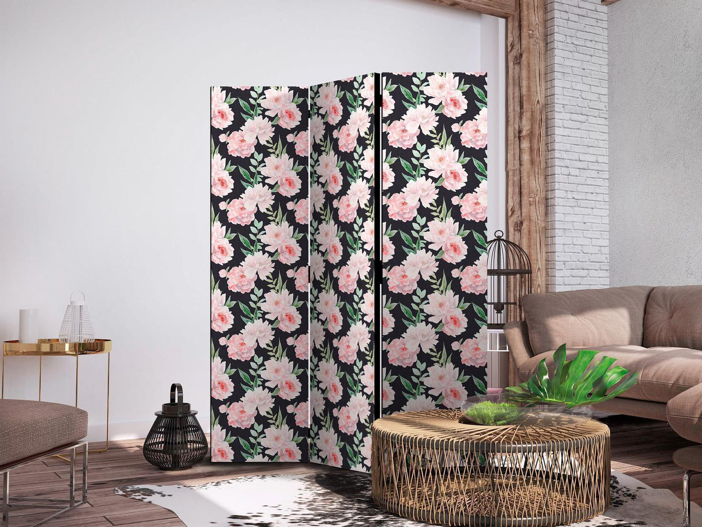 Paravent - Peonies - Pink Flowers and Green Leaves on a Graphite Background Artgeist
