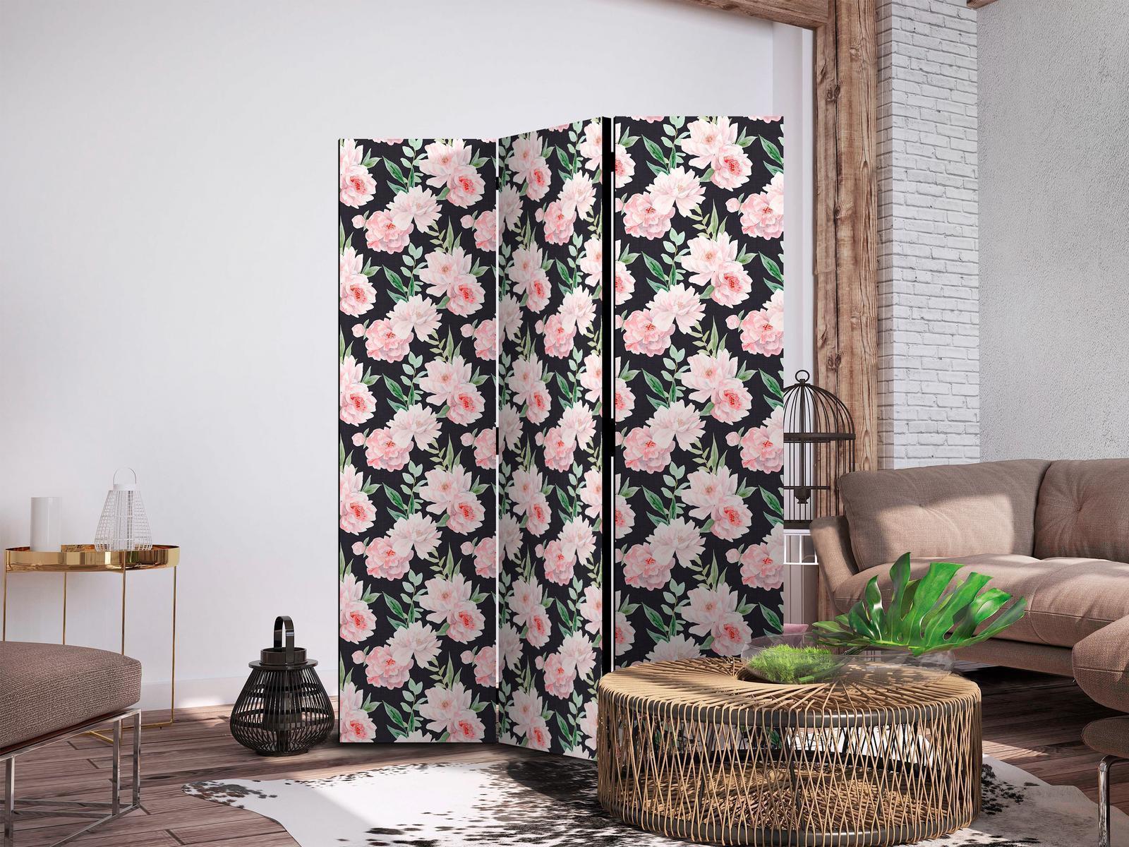 Paravent - Peonies - Pink Flowers and Green Leaves on a Graphite Background Artgeist