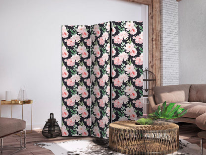 Paravent - Peonies - Pink Flowers and Green Leaves on a Graphite Background Artgeist