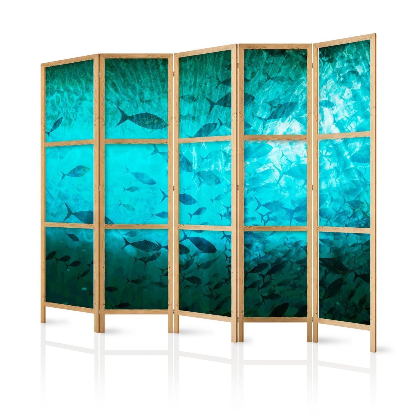 Japanischer Paravent - Underwater Paradise - Numerous Schools of Fish in a Beautiful Turquoise-Blue Depth Illuminated by the Sunlight Artgeist