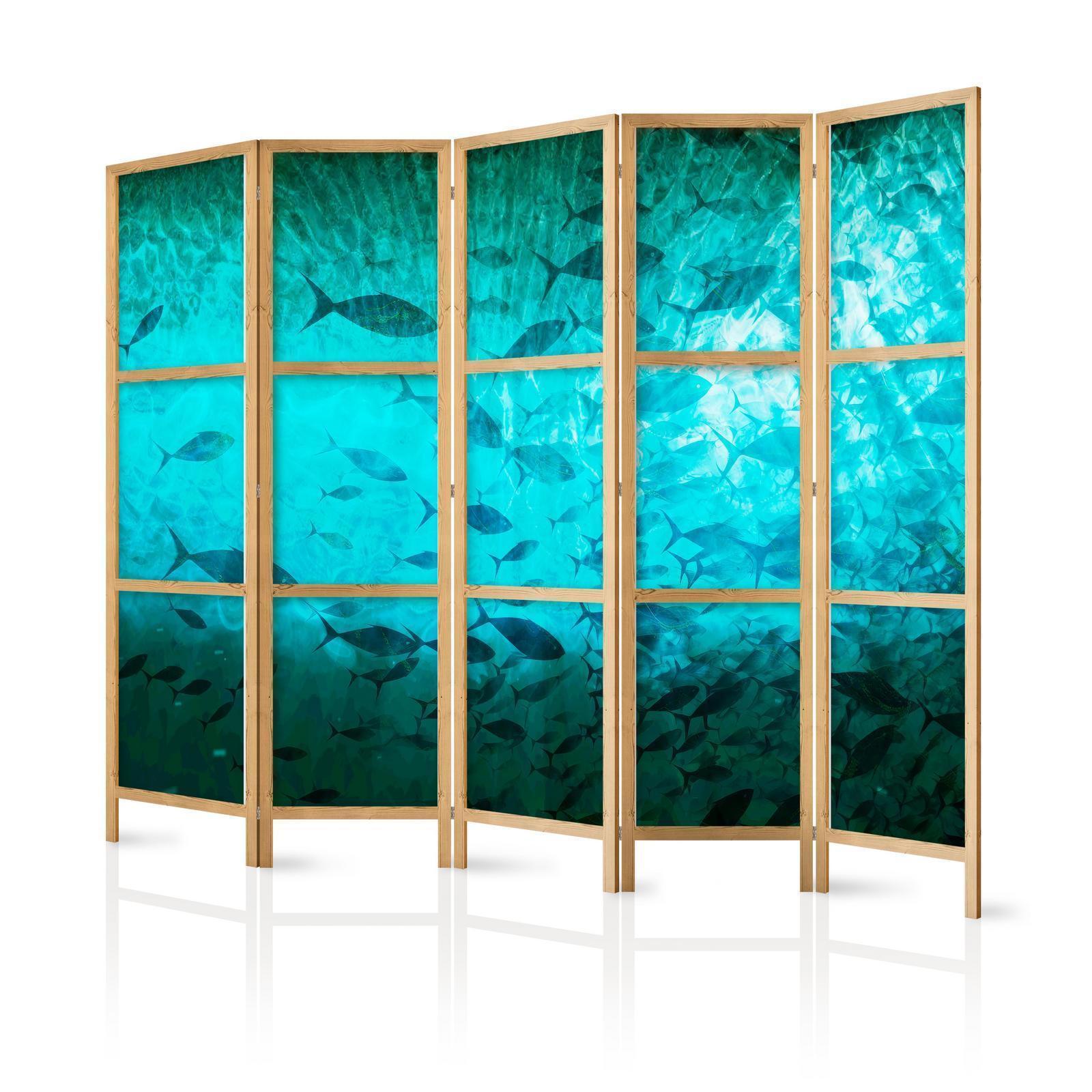 Japanischer Paravent - Underwater Paradise - Numerous Schools of Fish in a Beautiful Turquoise-Blue Depth Illuminated by the Sunlight Artgeist
