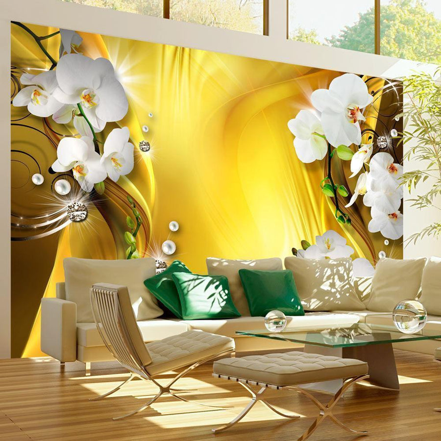 Tapete „Orchidee in Gold“ – Elegante Blütenpracht mit Glamour-Effekt sawelt.eu