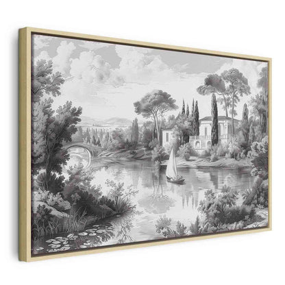 Leinwandbild - Black and White Vintage Landscape Retro View of a Pond with a Boat Artgeist
