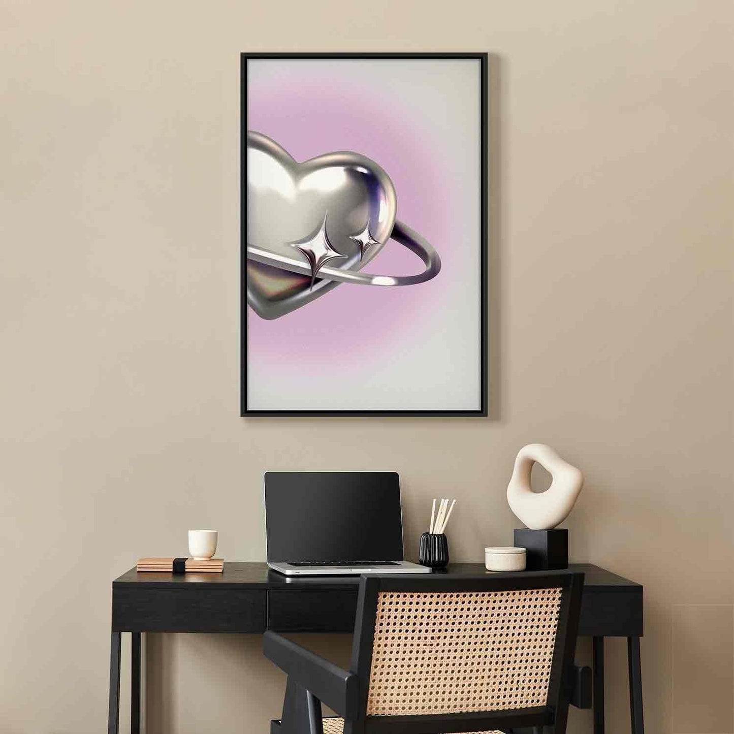 Leinwandbild - Cosmic Heart - Silver Heart with a Ring on a Purple Background Artgeist