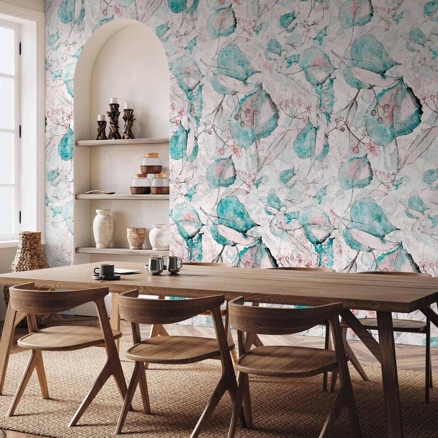 Fototapete - Autumn souvenirs - floral pattern with turquoise leaves