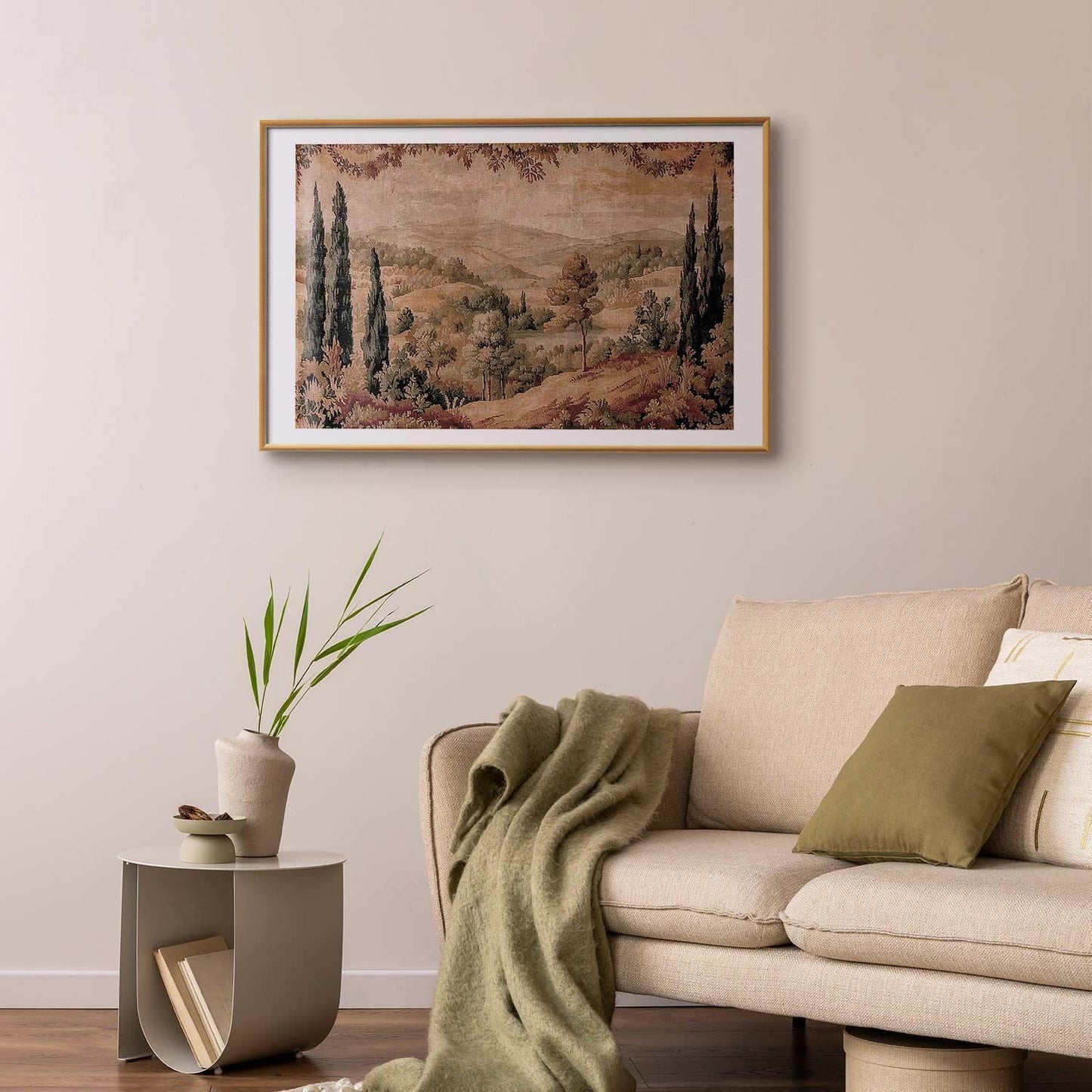 Poster - Mediterranean Landscape - Old Tapestry with a Hill and Lake