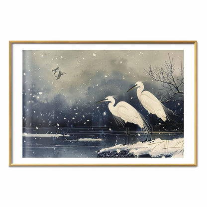 Poster - Herons over a Winter Pond - illustration in the Japanese style in dark colors