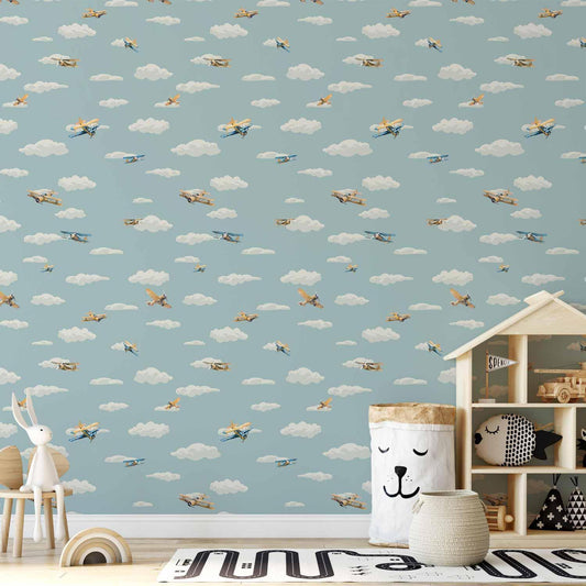 Tapete mit Flugzeugen – Gelb-blaue Illustration für Kinderzimmer