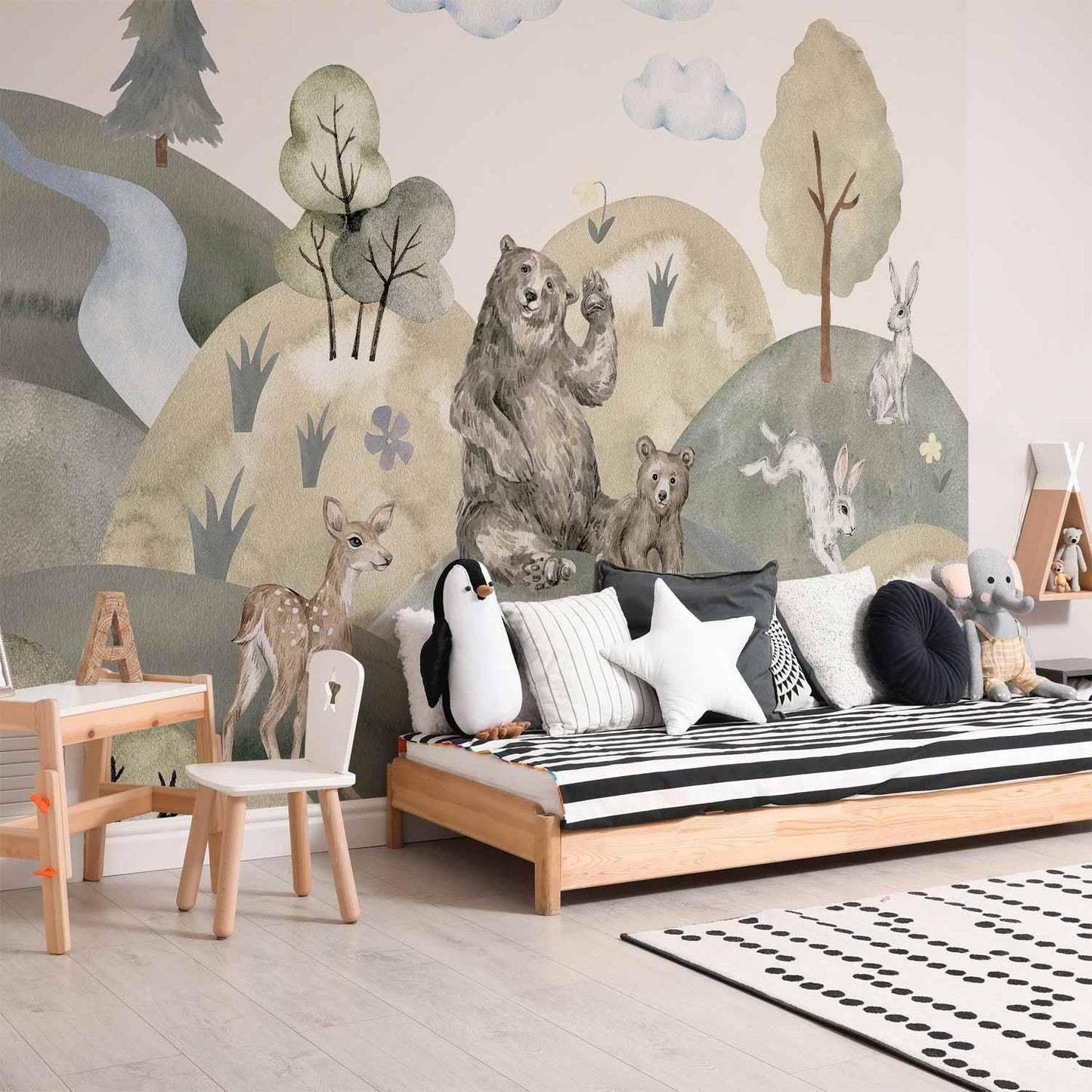 Fototapete - Green Hills - a Valley With Animals Painted in Watercolours