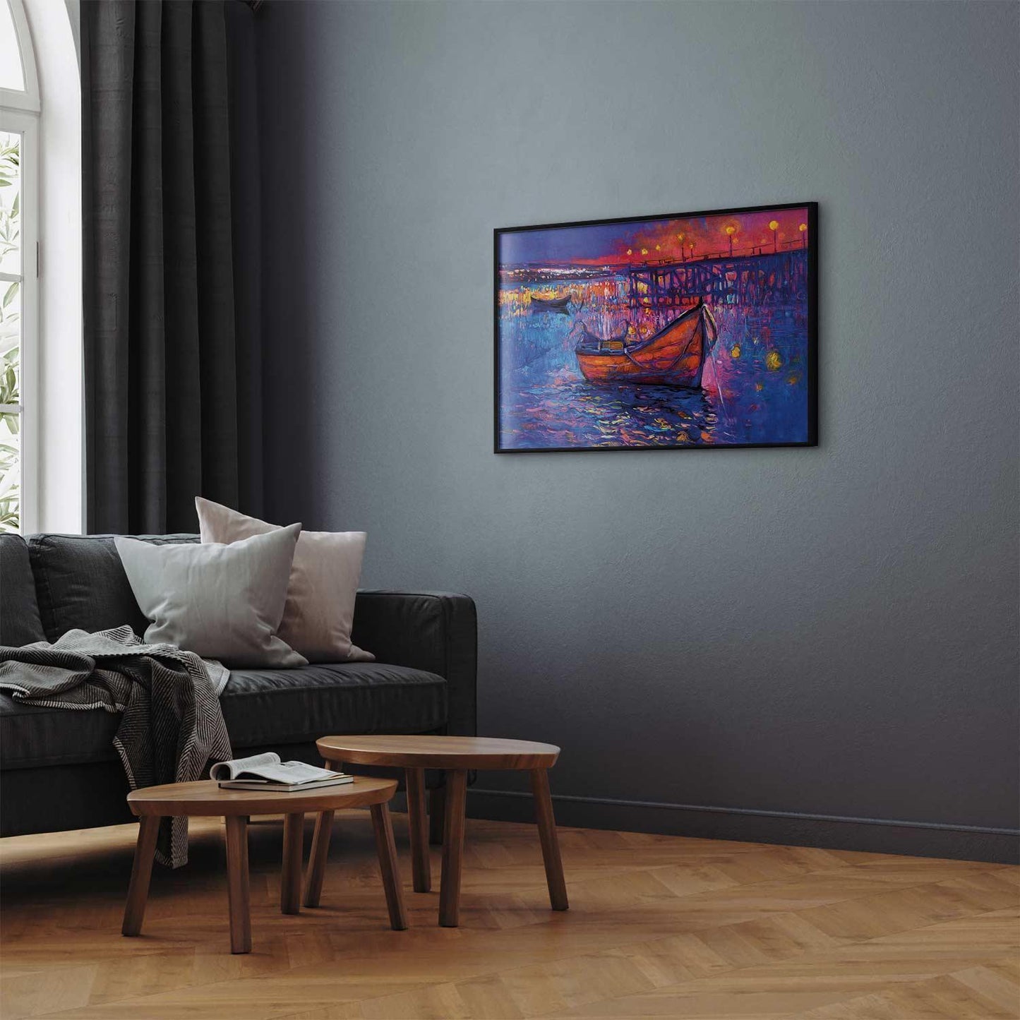 Poster - Modern impressionism - night landscape of a lake with a floating boat