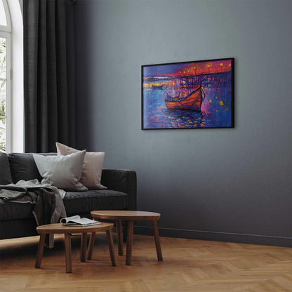 Poster - Modern impressionism - night landscape of a lake with a floating boat