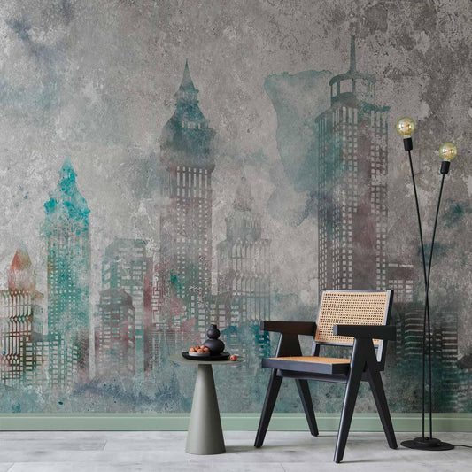 Fototapete Aquarell Stadt – Moderne Skyline in Pastell