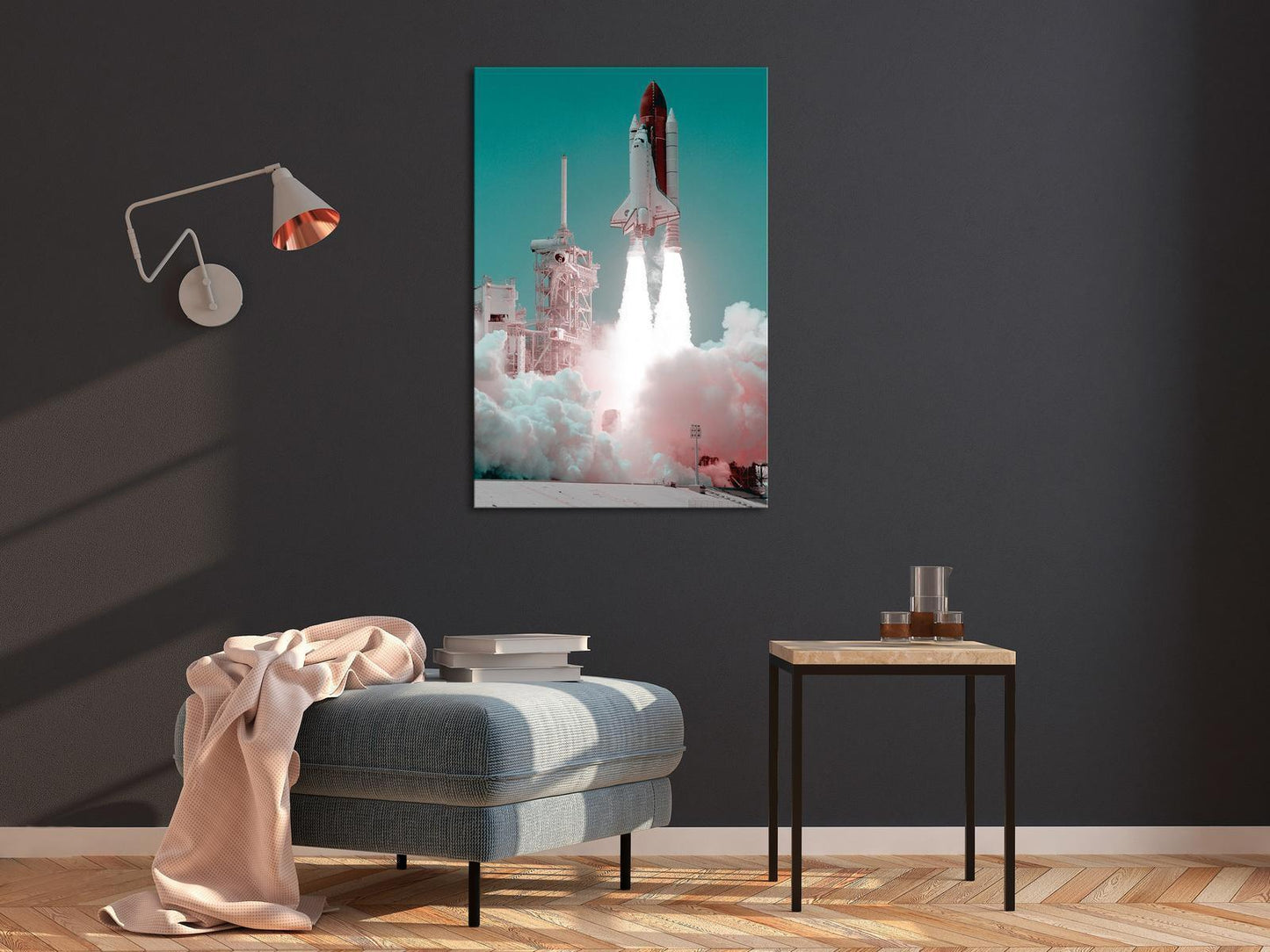 Leinwandbild Raketenstart – Kraftvoller Startmoment mit Feuer und Rauch