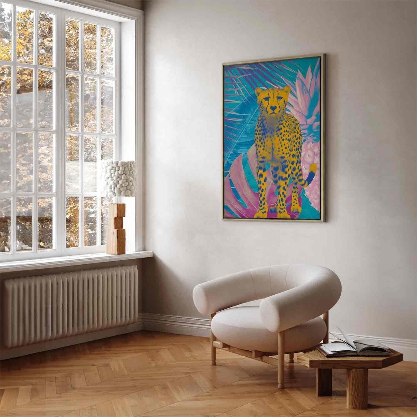 Leinwandbild - Exotic Leopard - Colorful Portrait of a Cheetah Against Tropical Leaves