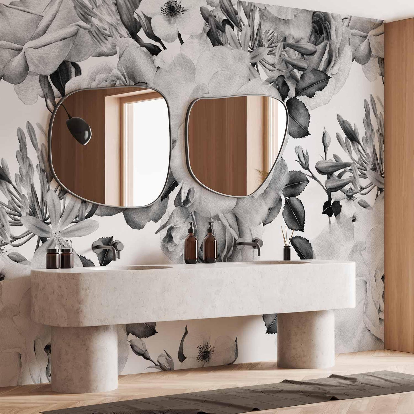 Fototapete Romantischer Garten – Schwarz-Weiß Blumenmuster