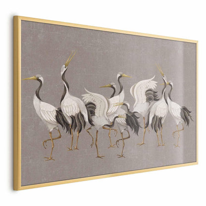 Poster - Crane Dance - light bird silhouettes on a warm-gray textured background