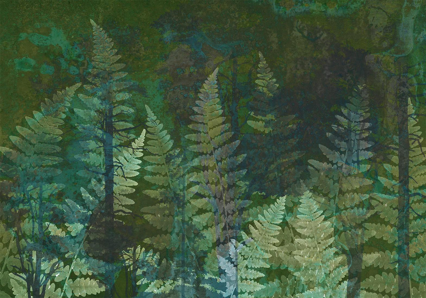 Fototapete - Green abstraction in the forest - fern leaves in the trunks with patterns Artgeist
