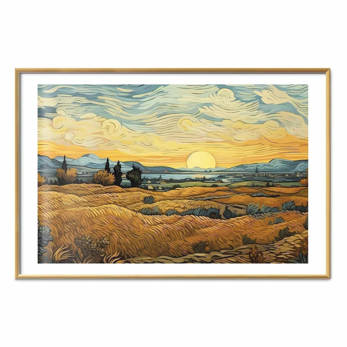 Poster - Impressionistic fields - painted golden landscape with fields of grain