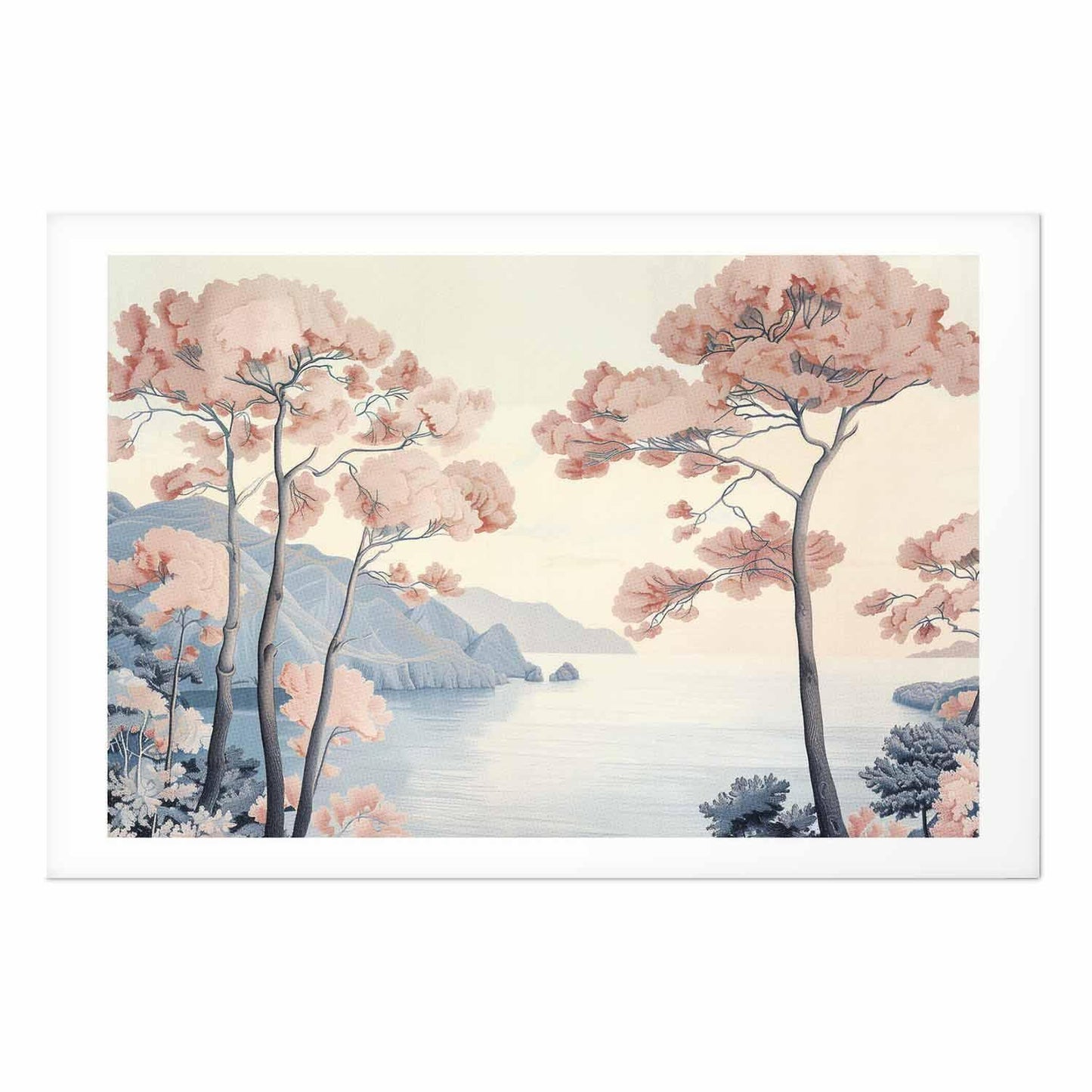 Poster - Ocean Cliffs and Trees Delicate Motif in Pastel Colors