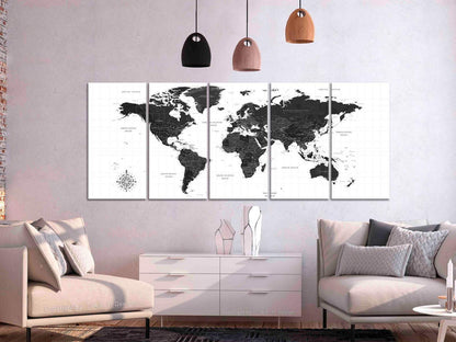 Leinwandbild - Black and White Map (5 Parts) Narrow Artgeist