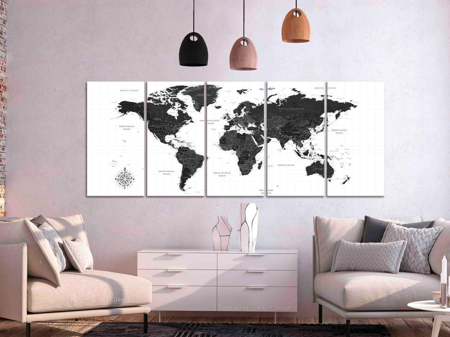 Leinwandbild - Black and White Map (5 Parts) Narrow Artgeist