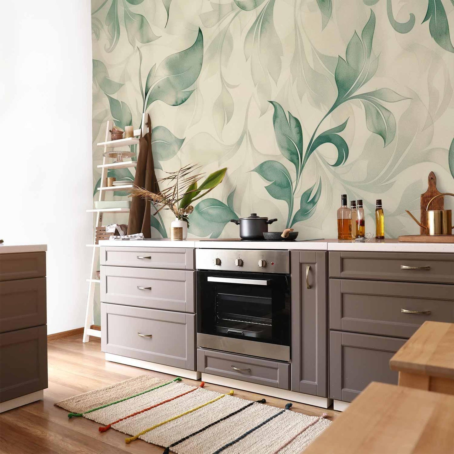 Fototapete - Watercolor Botanical Motif Delicate Green-Beige Leaves