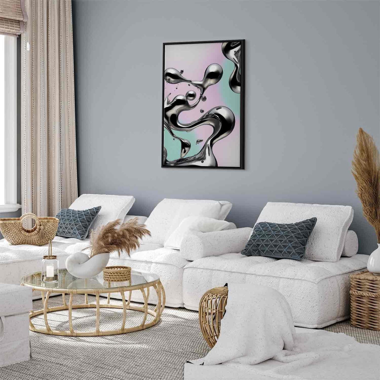 Leinwandbild - Metallic Fluidity - Abstract Silver Forms on a Mint-Purple Background