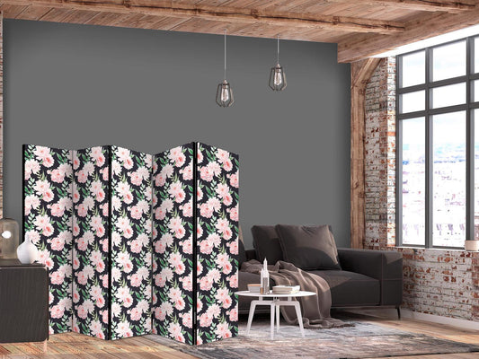 Paravent - Peonies - Pink Flowers and Green Leaves on a Graphite Background Artgeist
