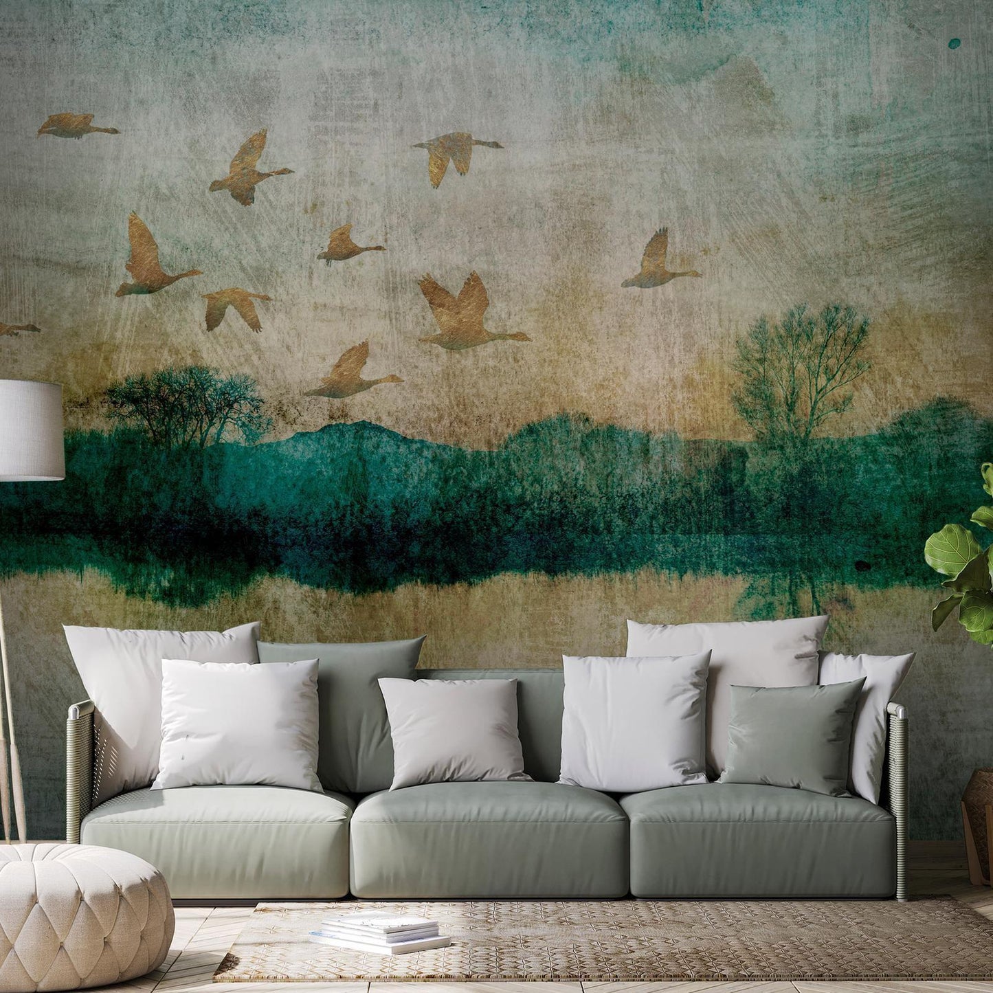 Fototapete „Golden Ducks“ – Elegante Goldene Enten auf stilvollem Hintergrund Artgeist