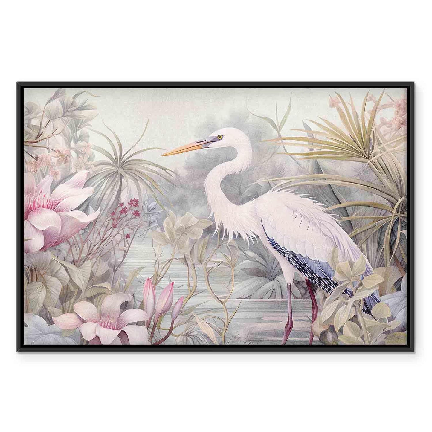 Leinwandbild - Heron wading in a pond - illustration in bright colours