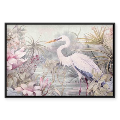Leinwandbild - Heron wading in a pond - illustration in bright colours