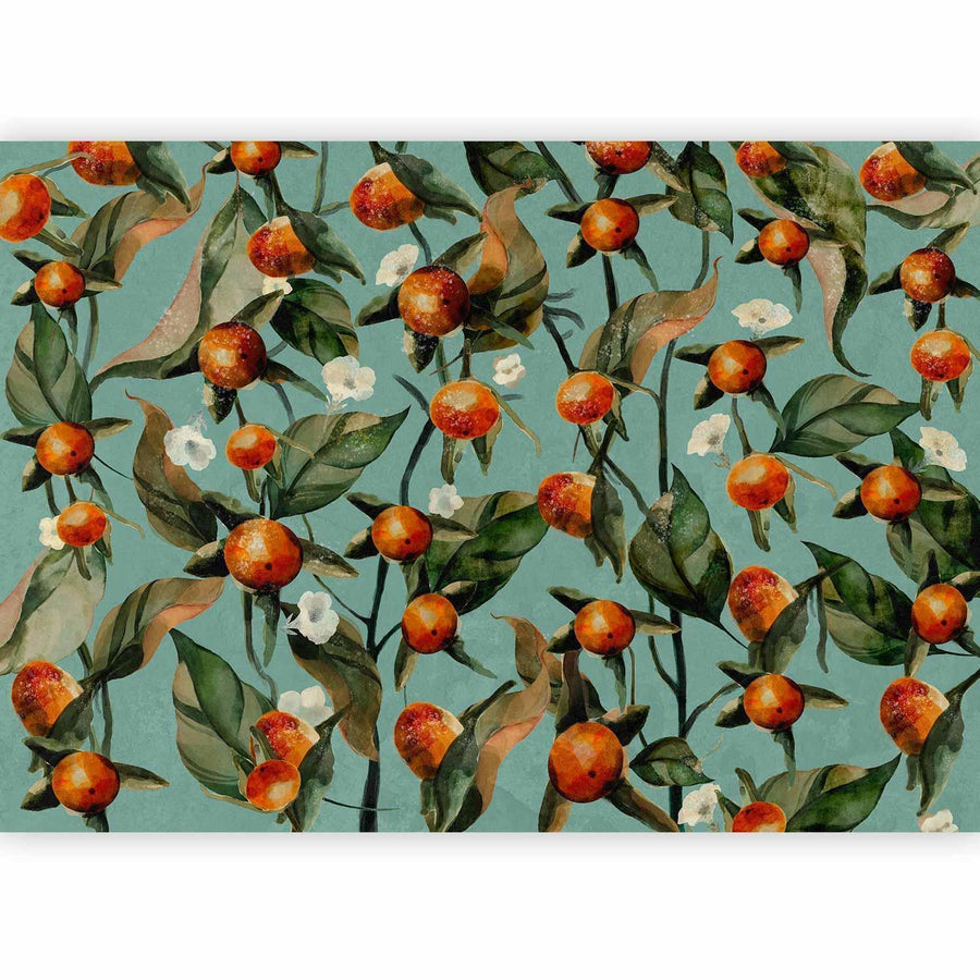 Fototapete - Orange grove - plant motif with fruit and leaves on a blue background Artgeist