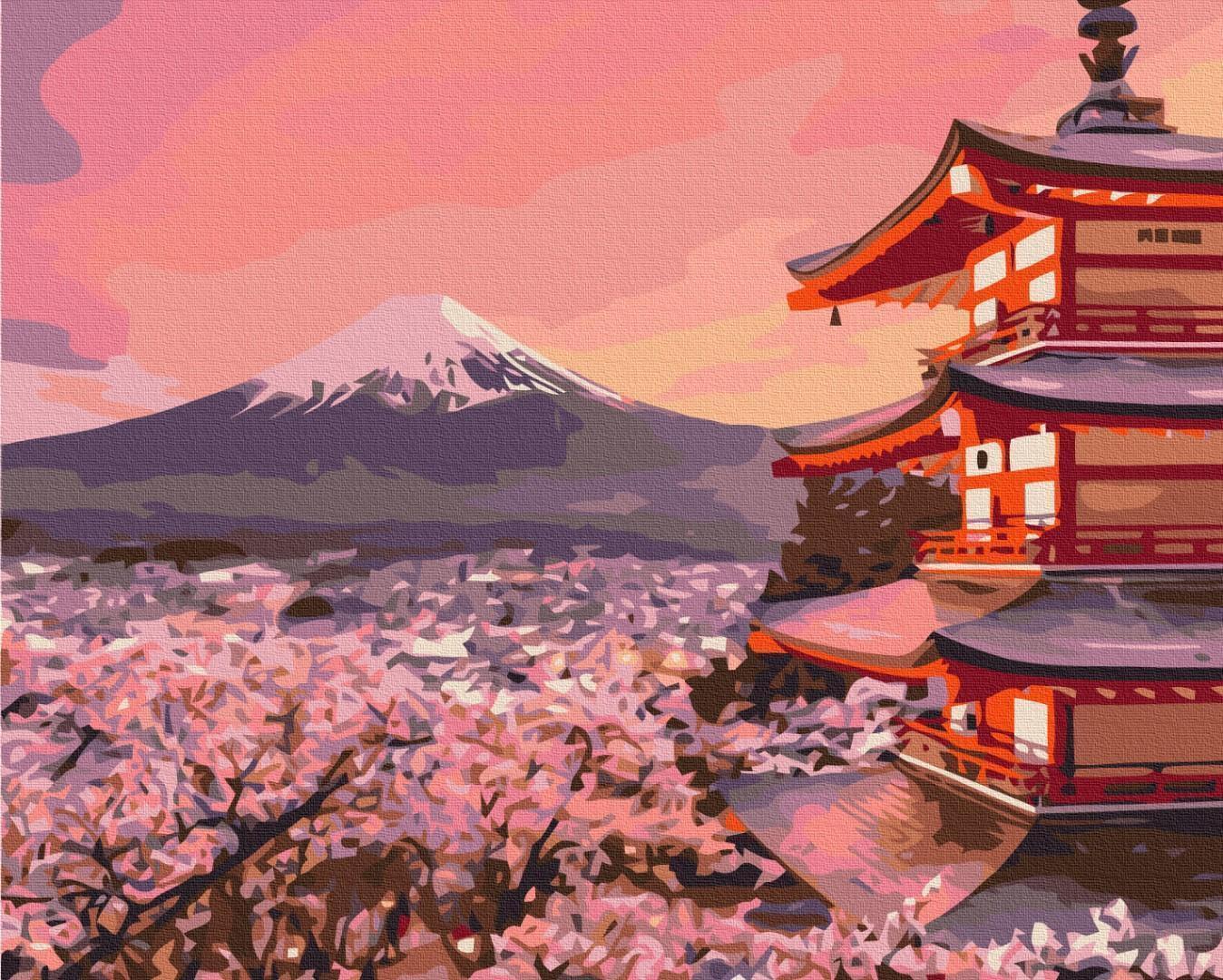 Malen nach Zahlen - A temple against the backdrop of Mount Fuji